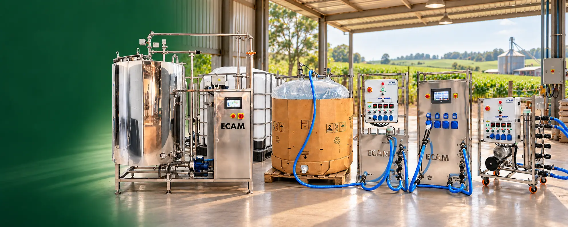 Linha de biorreatores ECAM BIO em uma estrutura rural junto à lavoura